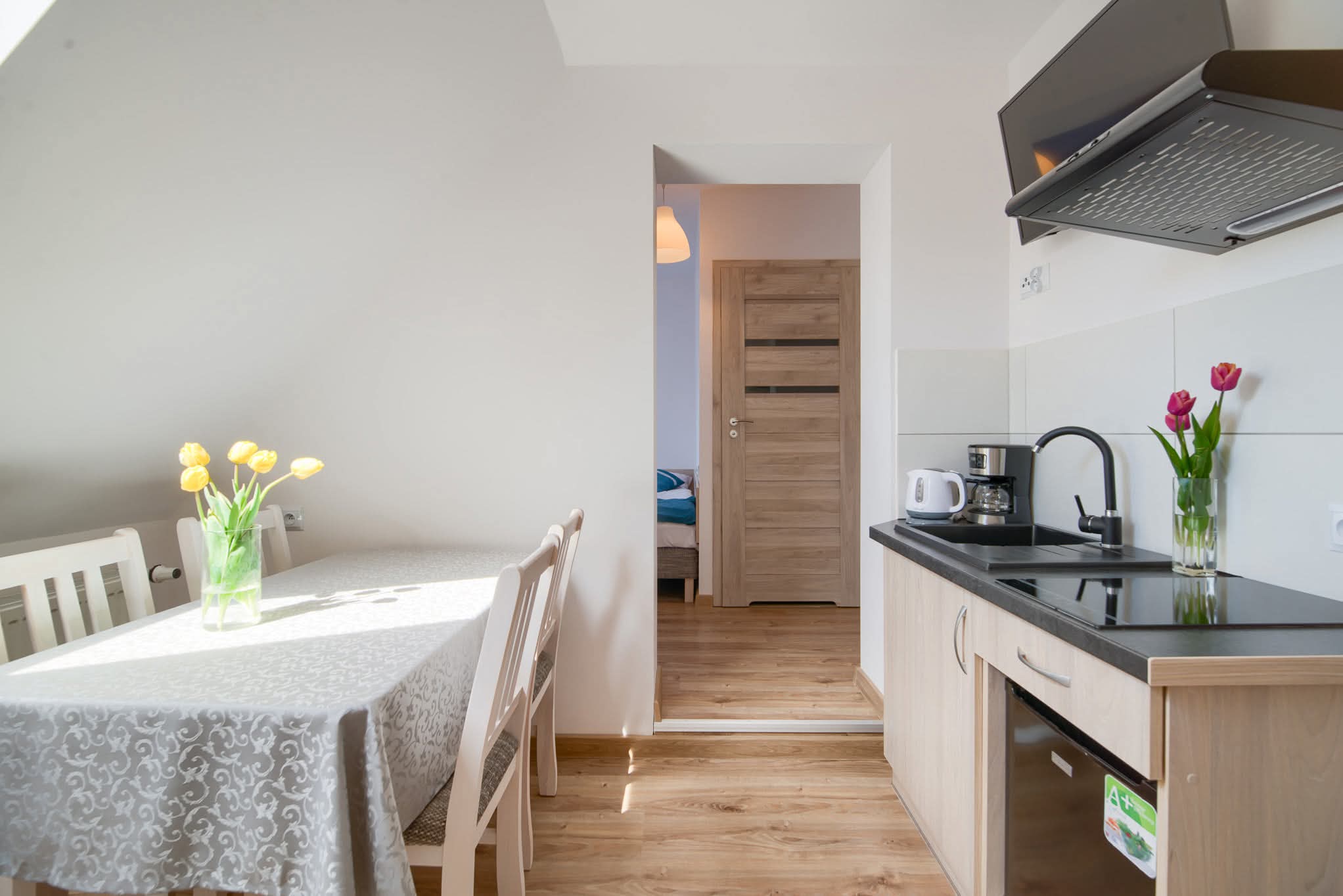 Apartament typu studio - 2-4 osobowy - widok na prywatną łazienkę i sypialnie od strony aneksu kuchennego