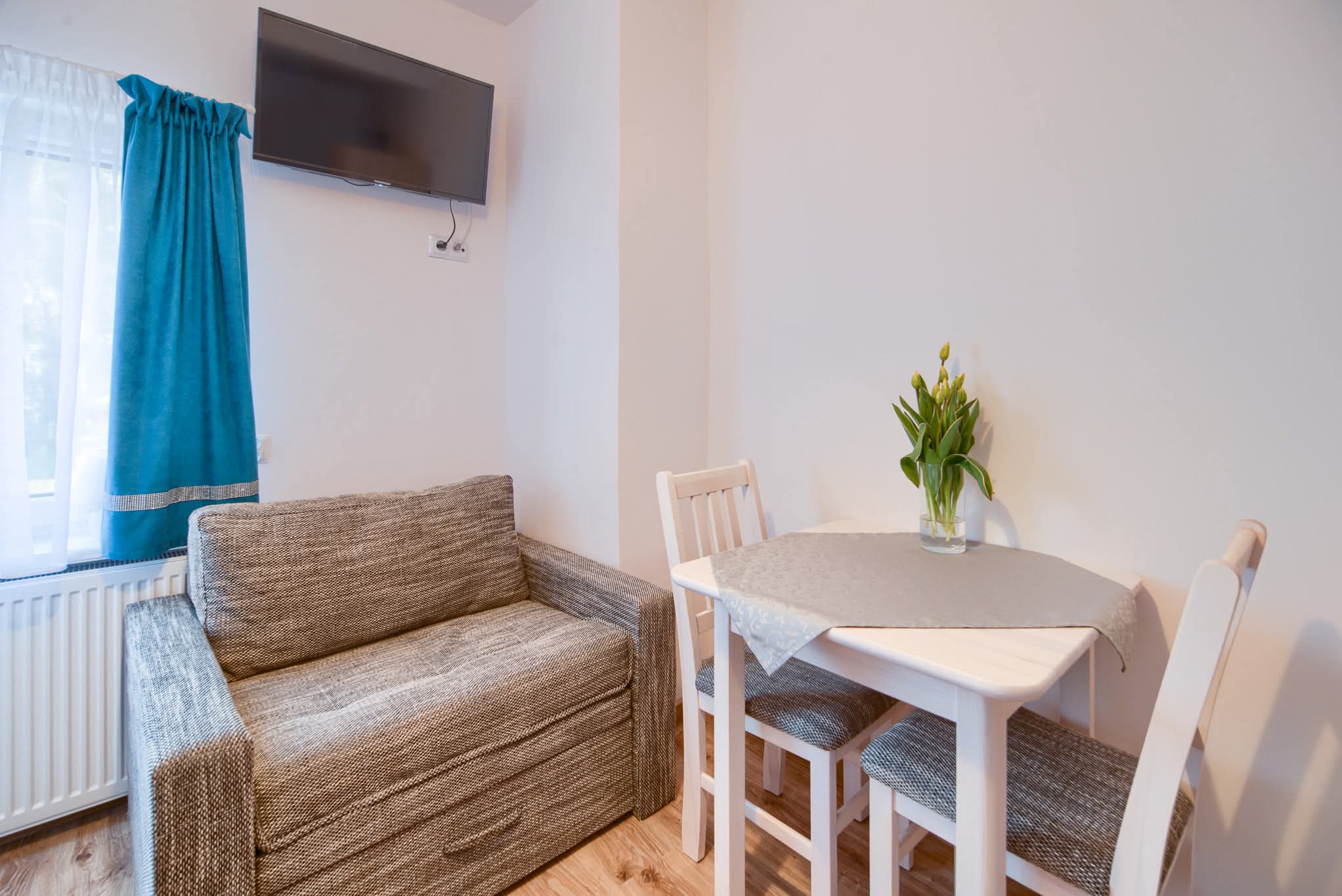 Apartament 2-osobowy- widok miejsca do jedzenia i rozkładanej sofy