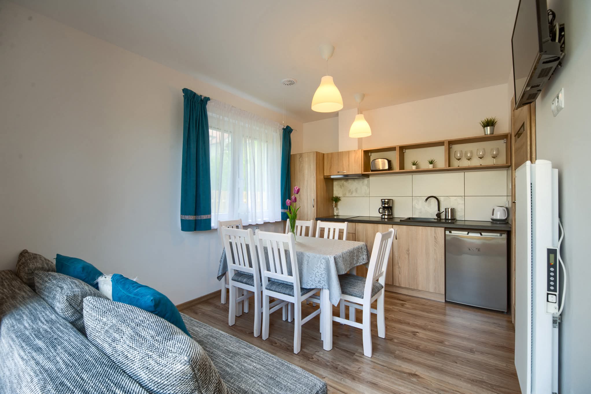 Apartament z tarasem dla niepełnosprawnych, 6- osobowy - widok na aneks kuchenny - Purtulka Pobierowo
